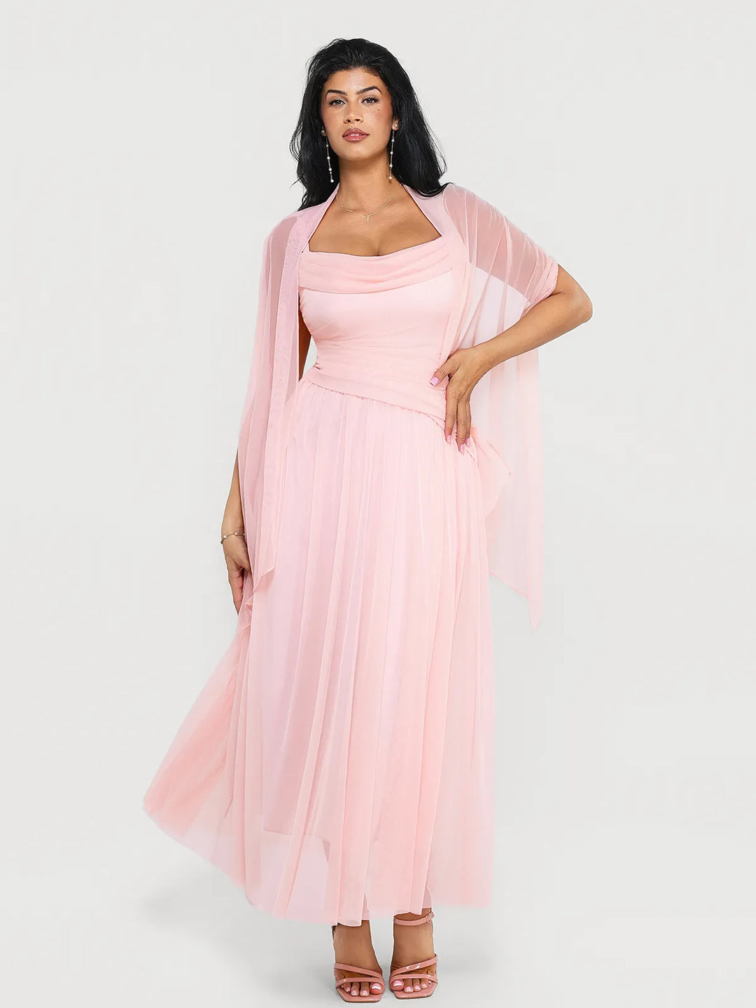 Popilush® Shapewear Satin Cowl Neck Draped Maxi Dress