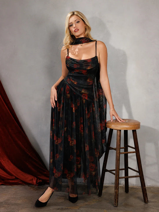 Shapewear Satin Cowl Neck Draped Maxi Dress