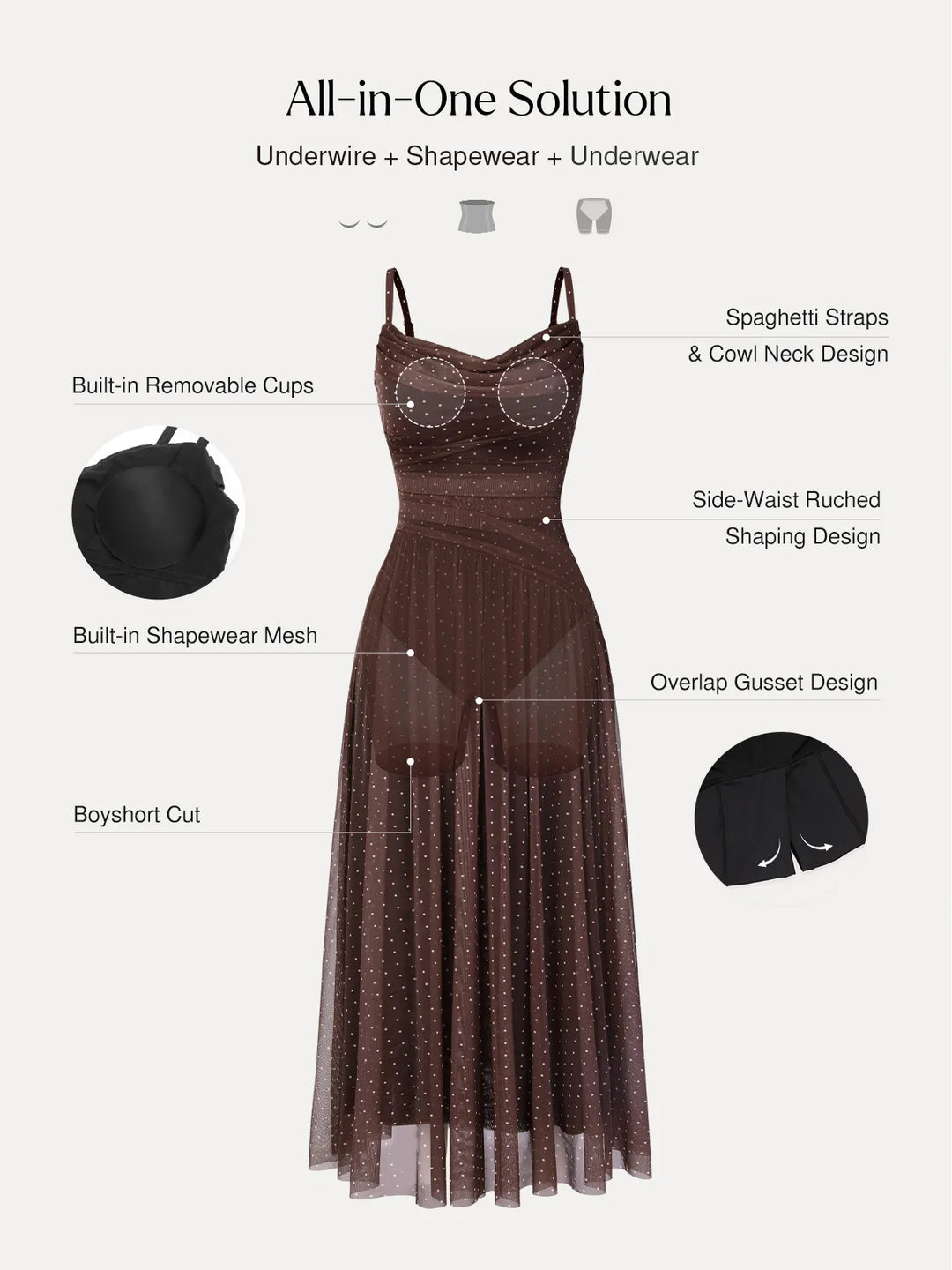 Popilush® Shapewear Satin Cowl Neck Draped Maxi Dress
