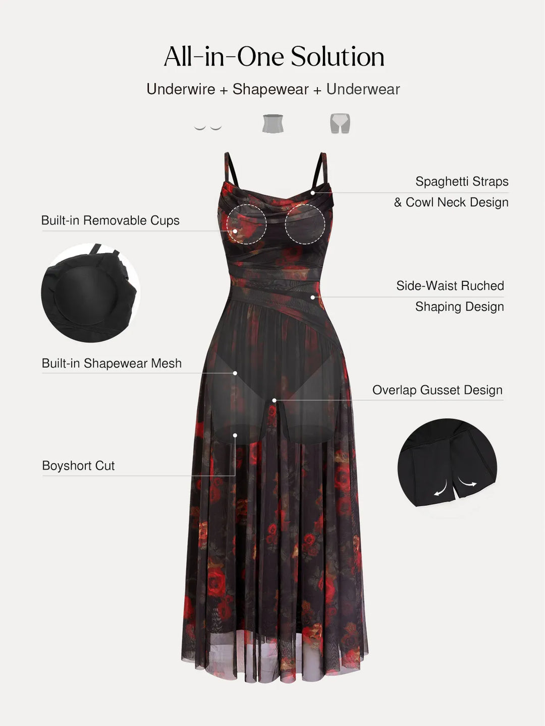 Popilush® Shapewear Satin Cowl Neck Draped Maxi Dress