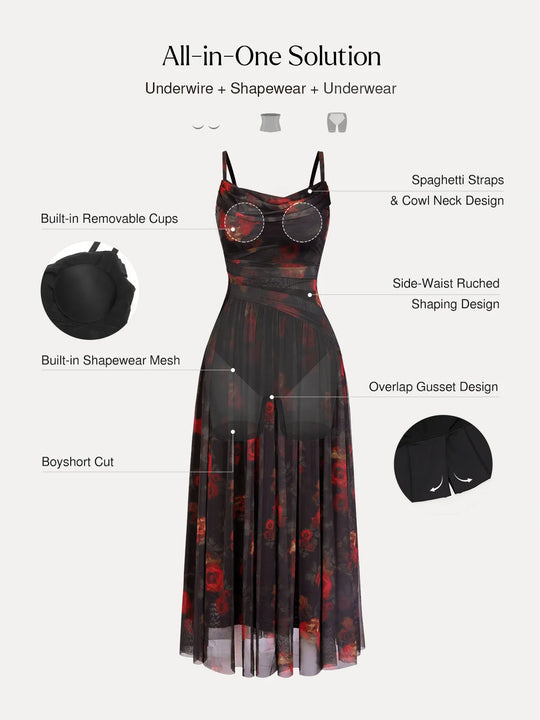 Shapewear Satin Cowl Neck Draped Maxi Dress