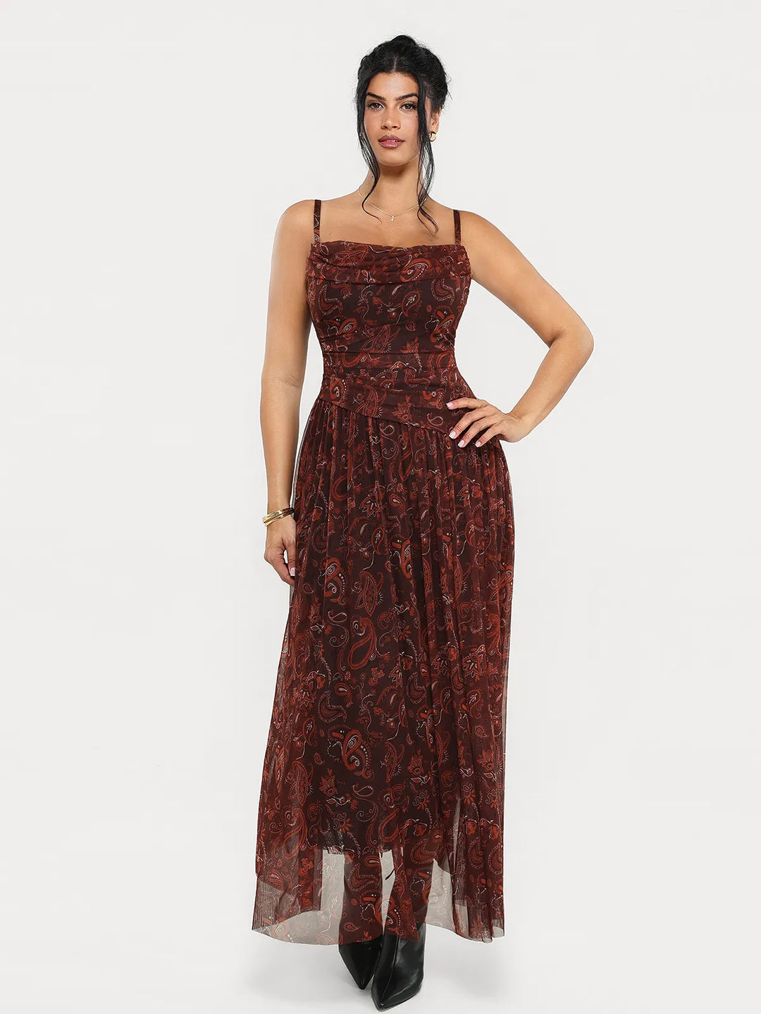 Popilush® Brown Paisley / XS Shapewear Satin Cowl Neck Draped Maxi Dress