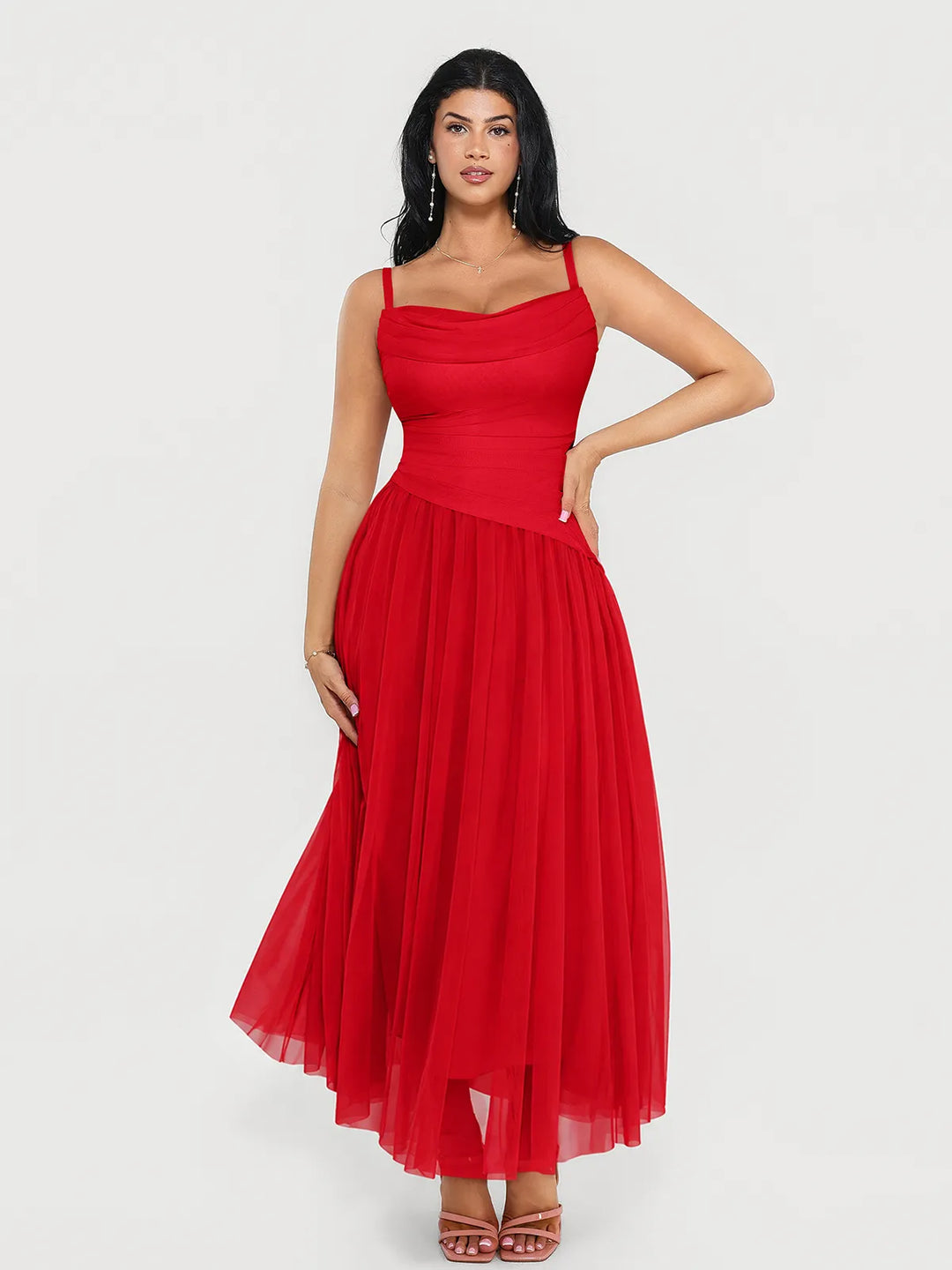 Popilush® Red / XS Shapewear Satin Cowl Neck Draped Maxi Dress