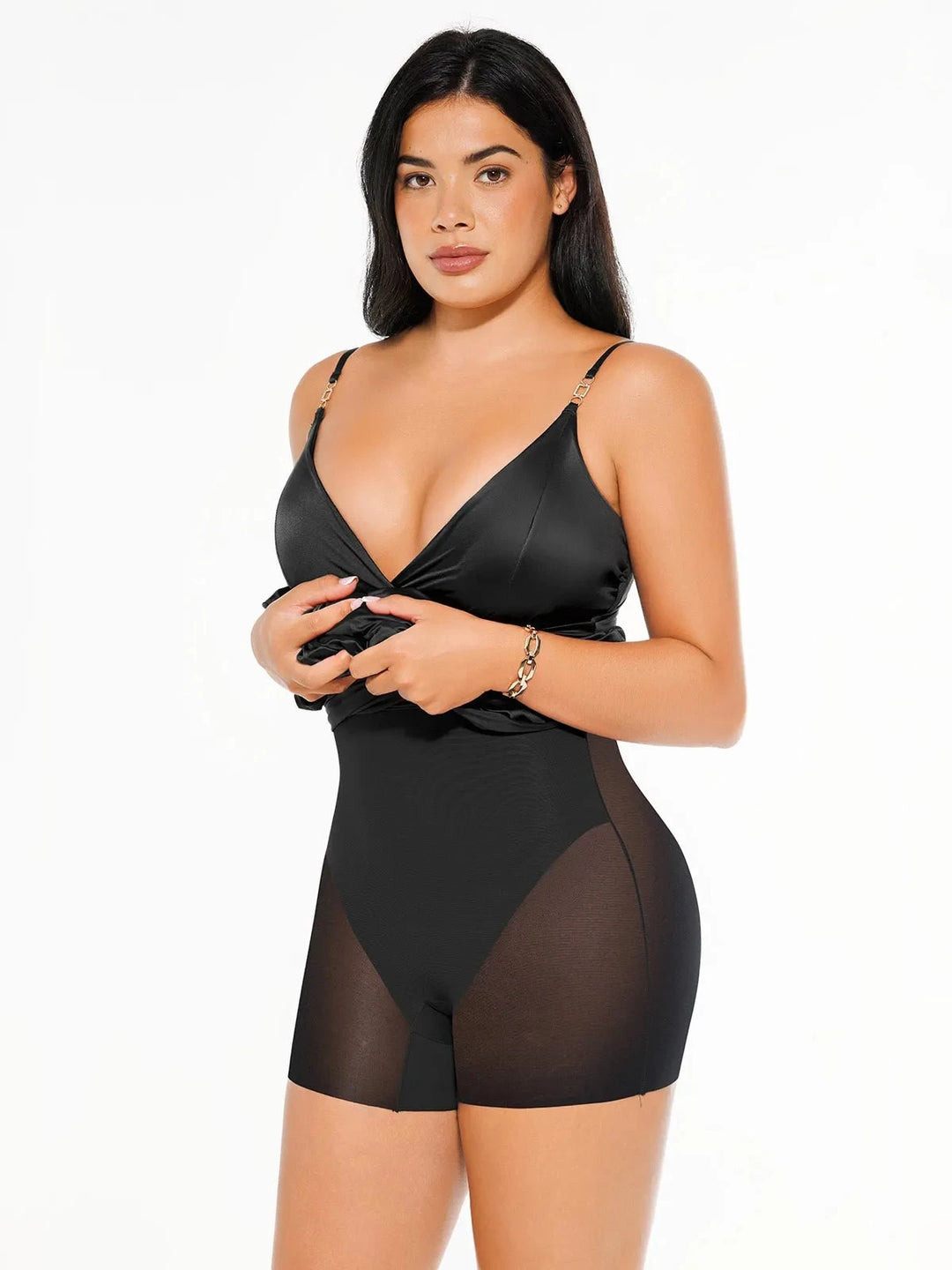 Popilush® Shapewear Satin Deep-V Front Slit Maxi Dress