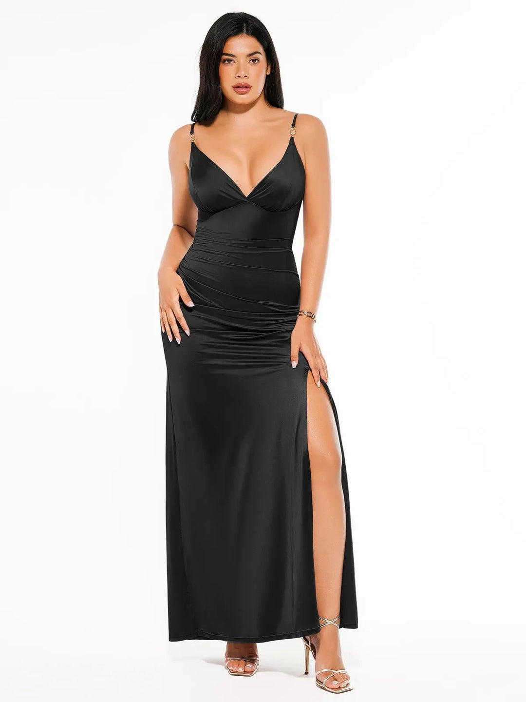 Shapewear Satin Maxi Dress | Deep-V Front Slit Popilush Shapewear Satin Maxi Dress | Deep-V Front Slit Popilush