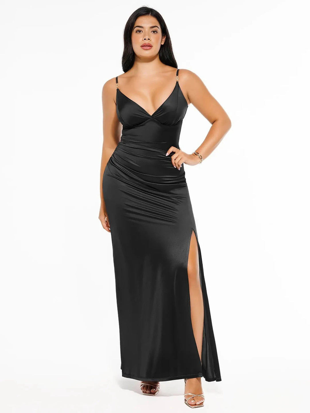Shapewear Satin Maxi Dress | Deep-V Front Slit Popilush Shapewear Satin Maxi Dress | Deep-V Front Slit Popilush