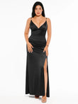 Black satin maxi dress with deep V-neck, crystal straps, ruched bodice, and high thigh slit.