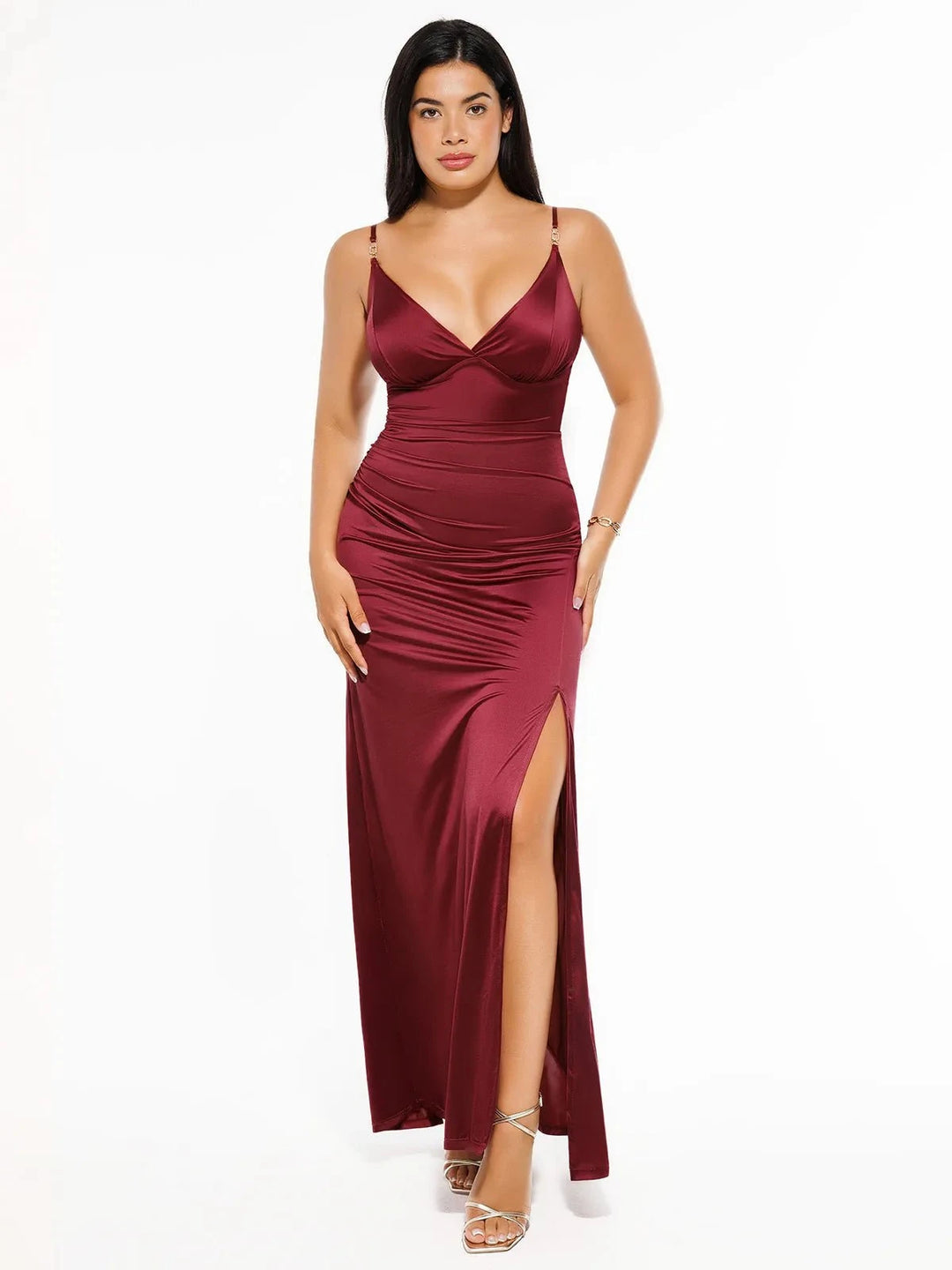Popilush® Red / XS Shapewear Satin Deep-V Front Slit Maxi Dress