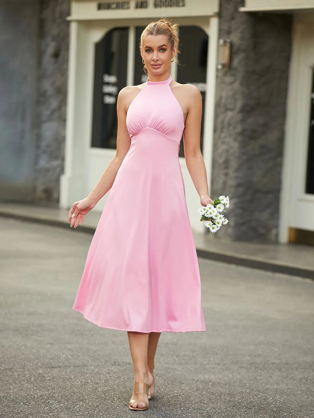 Popilush® Party Cocktail Evening Summer Gown Shapewear Sculpting Backless Halter A-Line Midi Dress