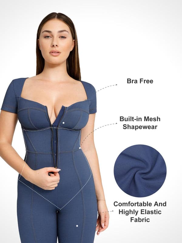 Popilush® Denim Casual Jumpsuit Shapewear Sculpting Denim Tank Flare Leg Jumpsuit