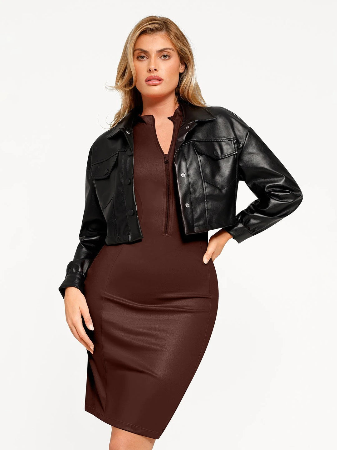 Faux Leather Zip-Front Midi Dress | Built-In Shapewear - Popilush Faux Leather Zip-Front Midi Dress | Built-In Shapewear - Popilush