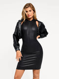Popilush® Sleeveless Bodycon Party Cocktail Summer Dress Leather Shapewear Sculpting Faux Leather Zip Front Midi Dress