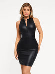 Black faux leather midi dress with zip front and sculpted fit
