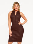 Sculpting brown faux leather shapewear midi dress with zip front.