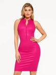 Pink faux leather midi dress with zip-front and mock neck