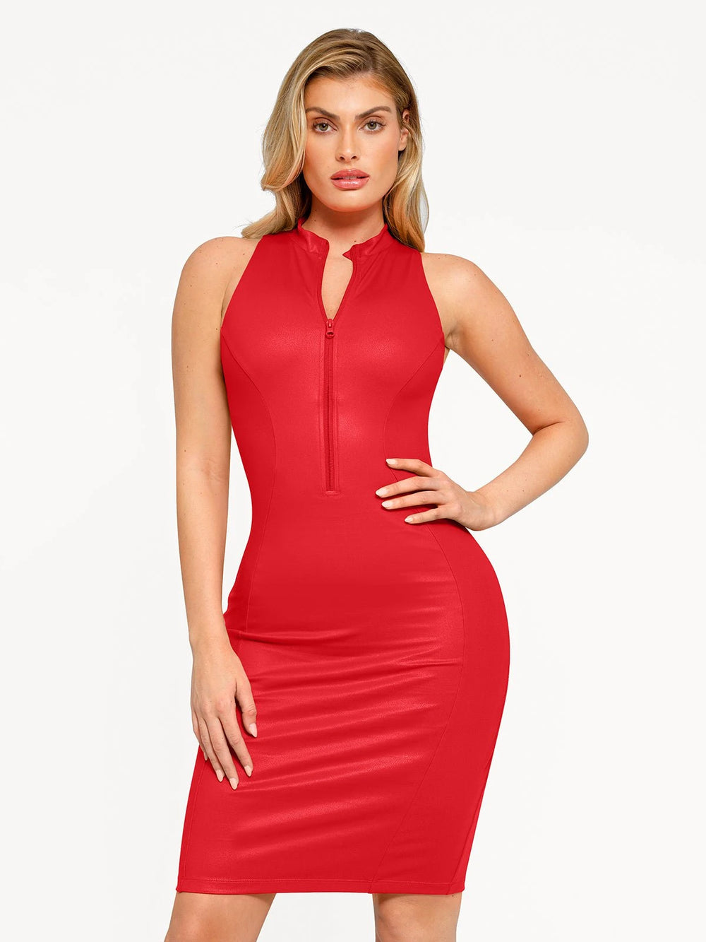 Red faux leather zip-front midi dress with built-in shapewear