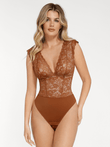 Sculpting lace shapewear bodysuit in brown with deep V-neck.