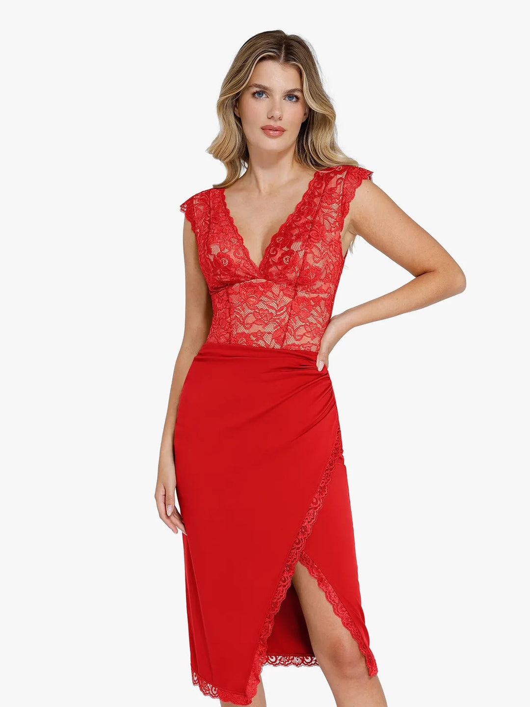 red lace bodysuit dress Scoop Neck Bodysuit Insert Maxi Dress In Burgundy Lace | EGO US
