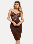 Brown lace corset midi slip dress featuring built-in shapewear sculpting.