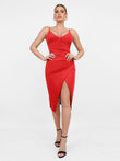 Red shapewear sculpting wrap midi slip dress with V-neck, slit