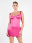 Shiny metallic pink satin bustier mini dress designed for sculpting and tummy control.