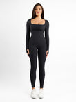 Black ribbed seamless long-sleeve jumpsuit with square neck and thumbholes