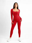 Red long sleeve seamless jumpsuit with square neckline and thumbholes, designed for shapewear and activewear.
