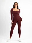 Seamless maroon long sleeve shapewear jumpsuit with square neck and thumbholes