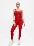 Red seamless square neck tank workout shapewear jumpsuit
