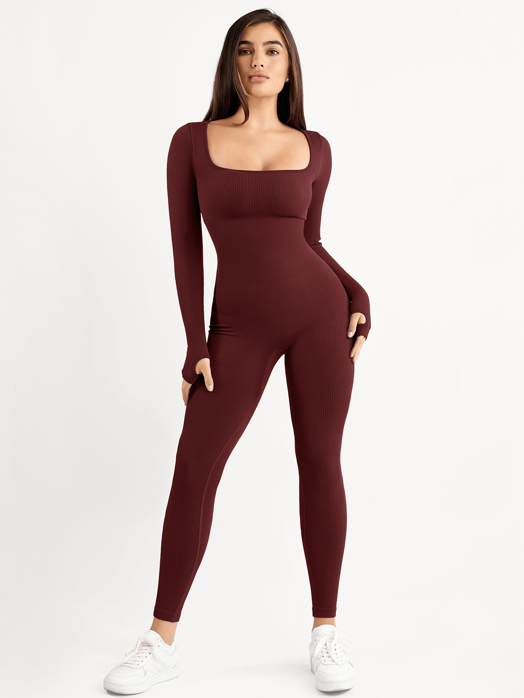 Popilush® Yoga Activewear Jumpsuit Winter Jujube Red / XS Shapewear Seamless Thumb Hole Long Sleeve Jumpsuit