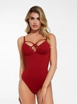 Popilush® red shapewear bodysuit, mesh detail, for tummy control.