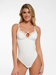 Popilush® white shapewear bodysuit with mesh, enhancing the sleek silhouette.