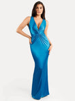 Blue shine bias twist deep v-neck hourglass maxi dress with shapewear