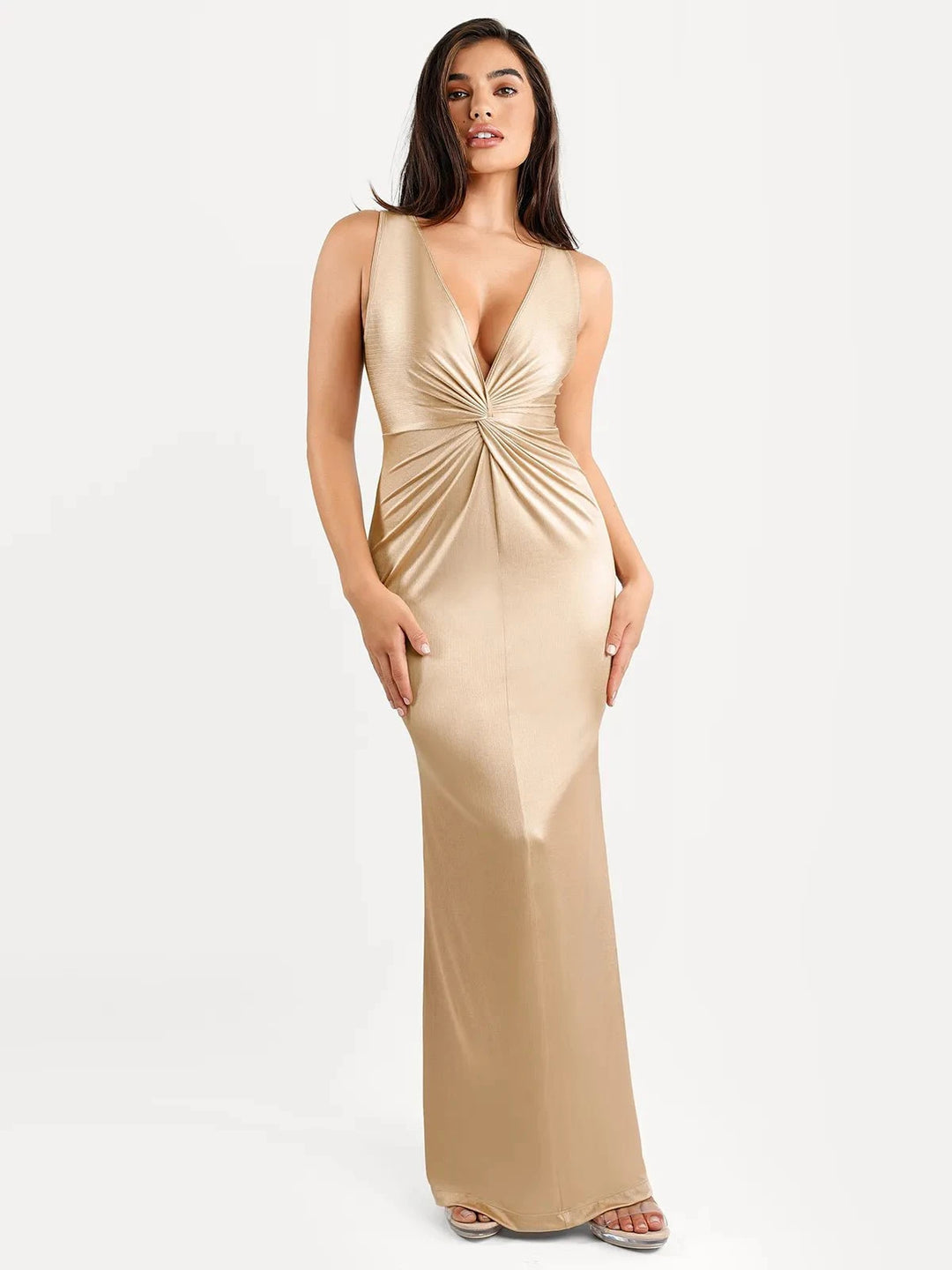Popilush® Formal Bodycon Party Summer Dress Champagne / S Shapewear Shine Deep V-Neck Bias Twist Hourglass Maxi Dress