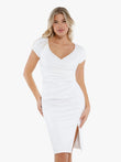 White short sleeve sheath dress with sweetheart neckline and ruched waist