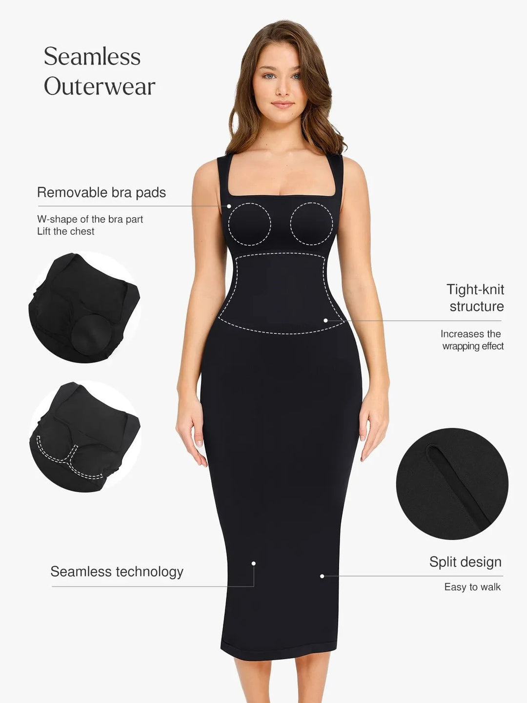 Shapewear Square-Neck Seamless Slimming Dress | Midi Popilush Shapewear Square-Neck Seamless Slimming Dress | Midi Popilush