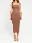 Brown seamless square neck sleeveless slimming dress with adjustable straps