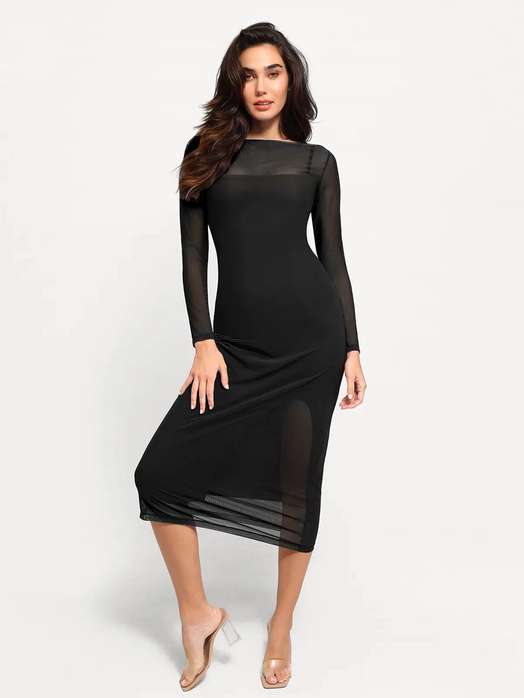 Shapewear Slimming Midi Dress | Sheer Mesh Overlay - Popilush Shapewear Slimming Midi Dress | Sheer Mesh Overlay - Popilush
