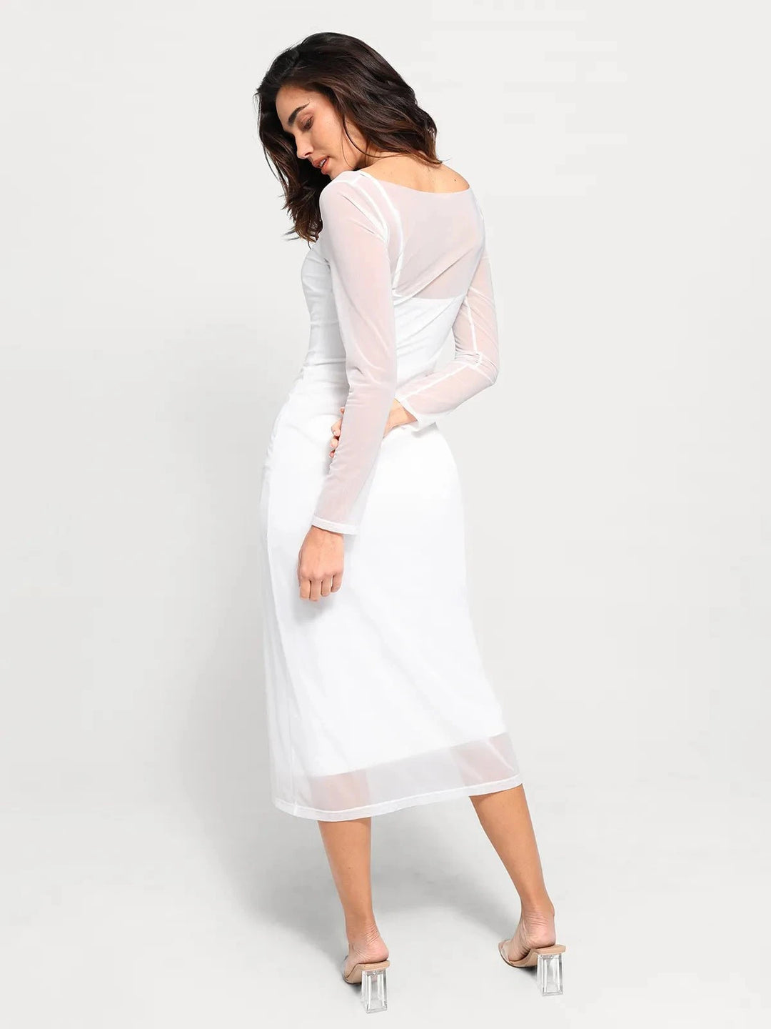 Popilush® Formal Bodycon Party Summer Dress Shapewear Slimming Midi Dress and Sheer Mesh Overlay Set