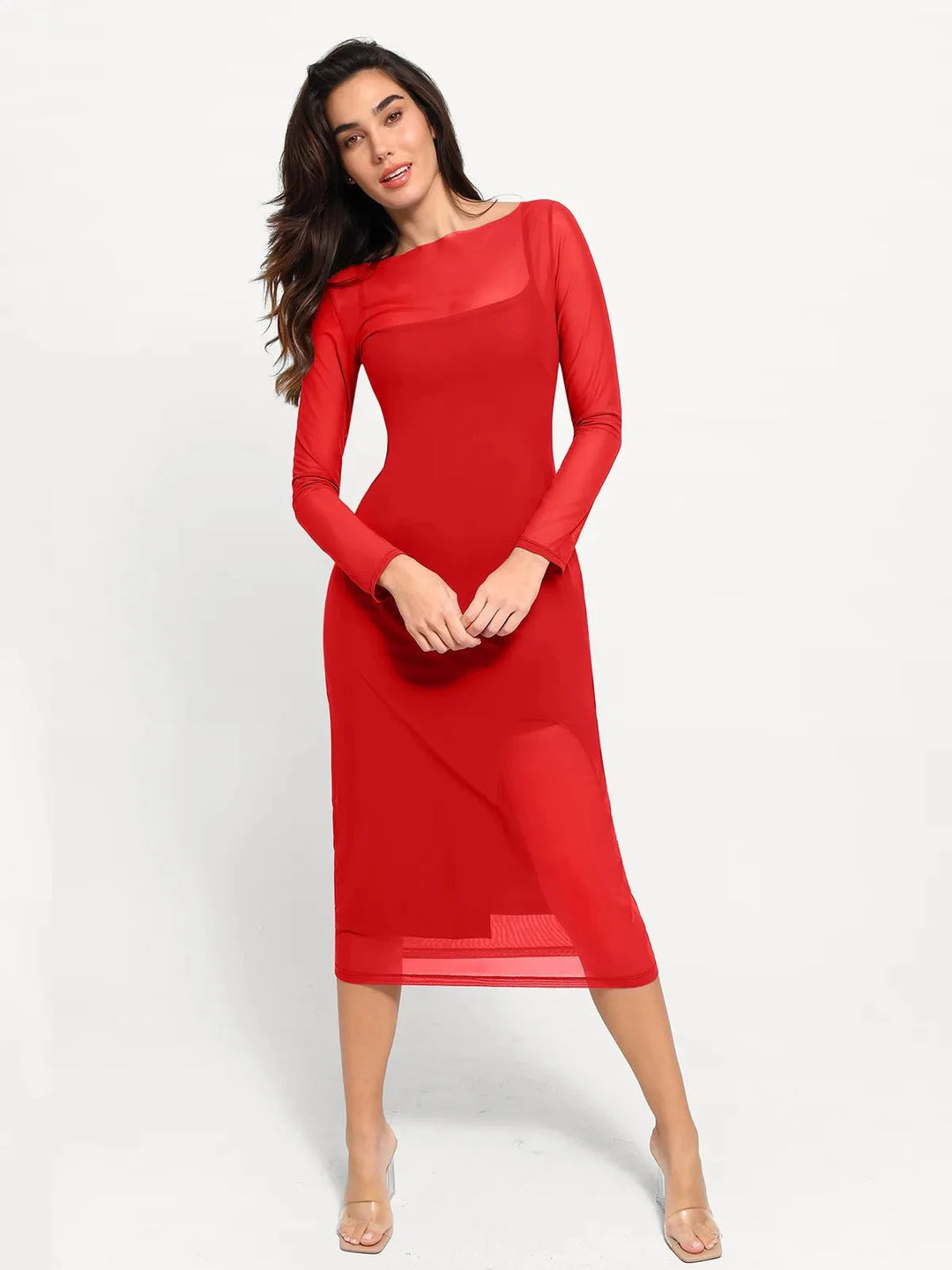 Shapewear Slimming Midi Dress | Sheer Mesh Overlay - Popilush Shapewear Slimming Midi Dress | Sheer Mesh Overlay - Popilush