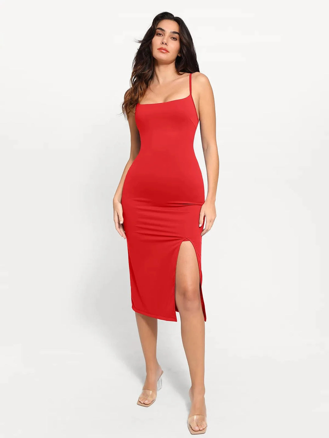 Shapewear Slimming Midi Dress | Sheer Mesh Overlay - Popilush Shapewear Slimming Midi Dress | Sheer Mesh Overlay - Popilush