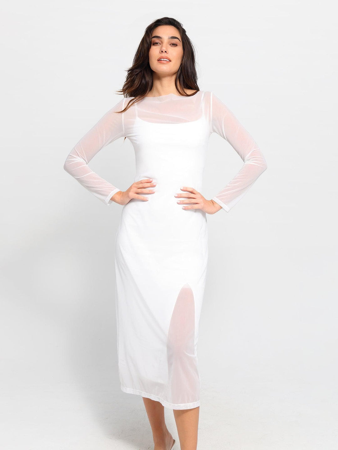 Shapewear Slimming Midi Dress and Sheer Mesh Overlay Set – Popilush