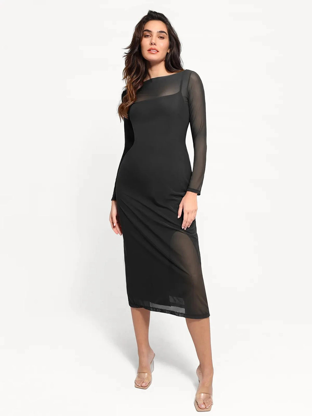Shapewear Slimming Midi Dress | Sheer Mesh Overlay - Popilush Shapewear Slimming Midi Dress | Sheer Mesh Overlay - Popilush