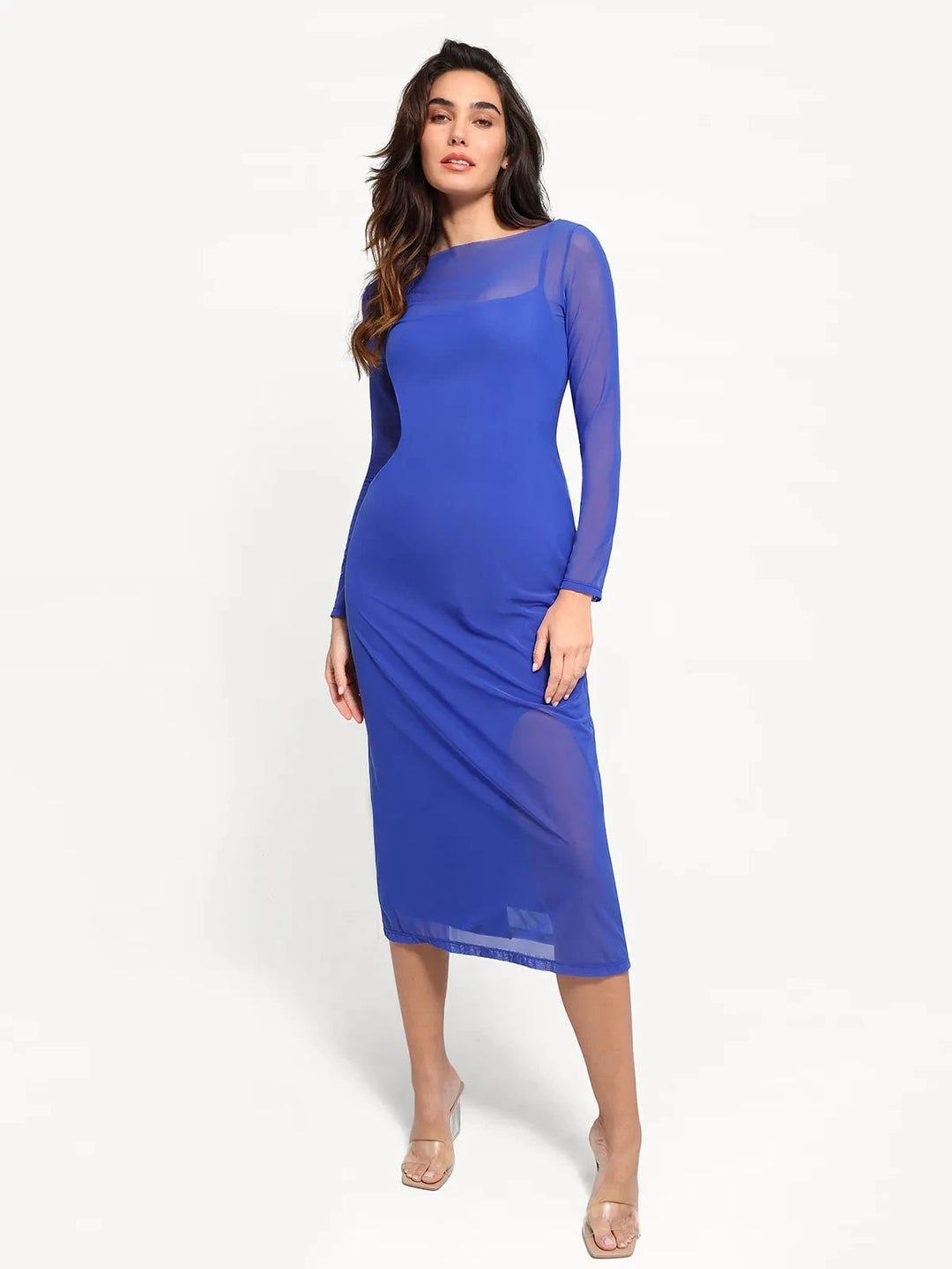 Shapewear Slimming Midi Dress | Sheer Mesh Overlay - Popilush Shapewear Slimming Midi Dress | Sheer Mesh Overlay - Popilush