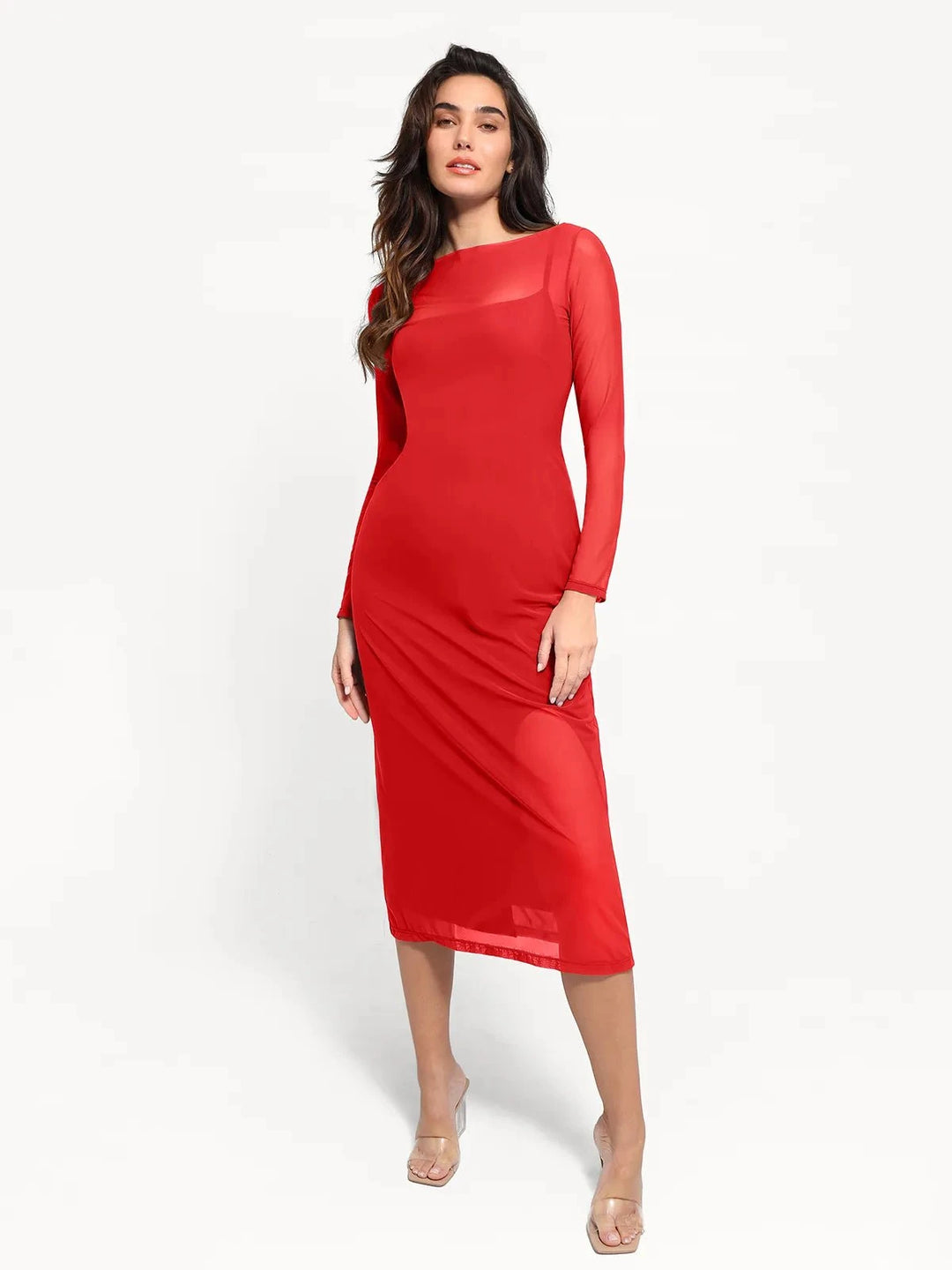 Popilush® Formal Bodycon Party Summer Dress Red / S Shapewear Slimming Midi Dress and Sheer Mesh Overlay Set