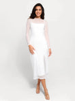 Woman models white shapewear slimming midi dress set with sheer mesh overlay and side slit.