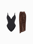 Popilush® Tummy Control Slimming Swimwear Set / Black/Leopard / XS Shapewear Slimming One-Piece Swimsuit Mesh Coverup Set