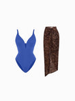 Blue V-neck one-piece swimsuit and leopard print mesh coverup skirt