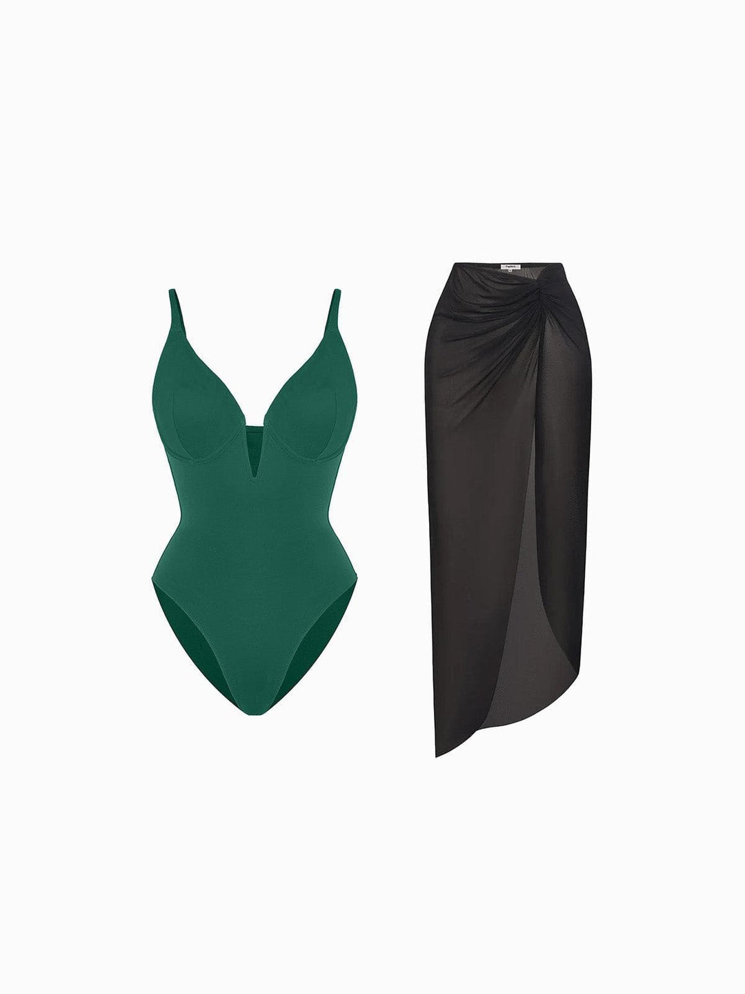 Popilush® Tummy Control Slimming Swimwear Set / Green/Black / XS Shapewear Slimming One-Piece Swimsuit Mesh Coverup Set