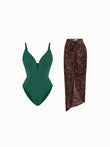 Green plunge neck one-piece swimsuit with a leopard print mesh cover-up skirt.